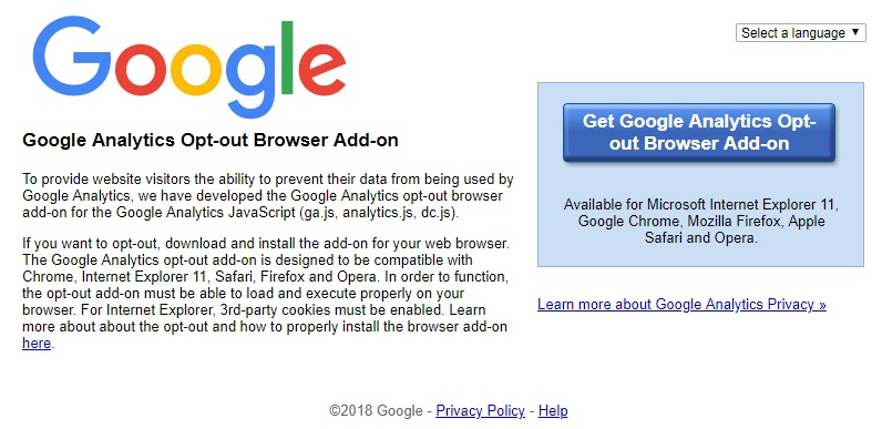 Screenshot of Google Analytics Opt-out Browser Add-on tool page