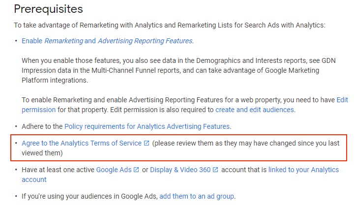 Google Analytics Prerequisites to remarketing with requirement to agree to Analytics Terms of Service highlighted