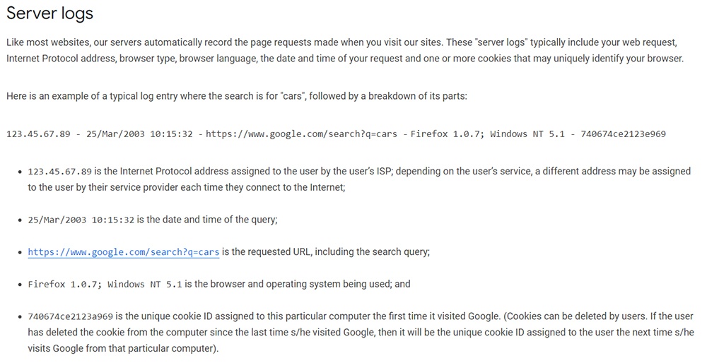 Google Chrome Privacy Notice: Server logs clause
