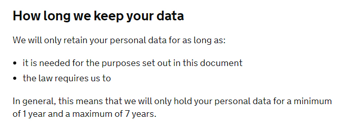 Gov UK Privacy Notice: Data retention clause