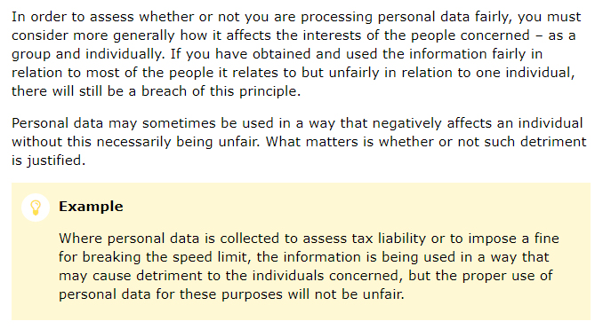 ICO UK Principles Guide on Lawfulness, Fairness and Transparency: Excerpt of section on fair processing