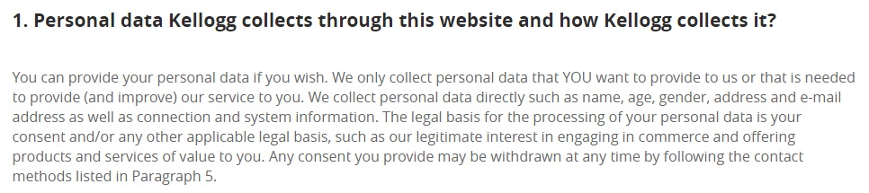 Kellogg UK Privacy Policy: Personal data Kellogg collects and how clause excerpt with legal basis information