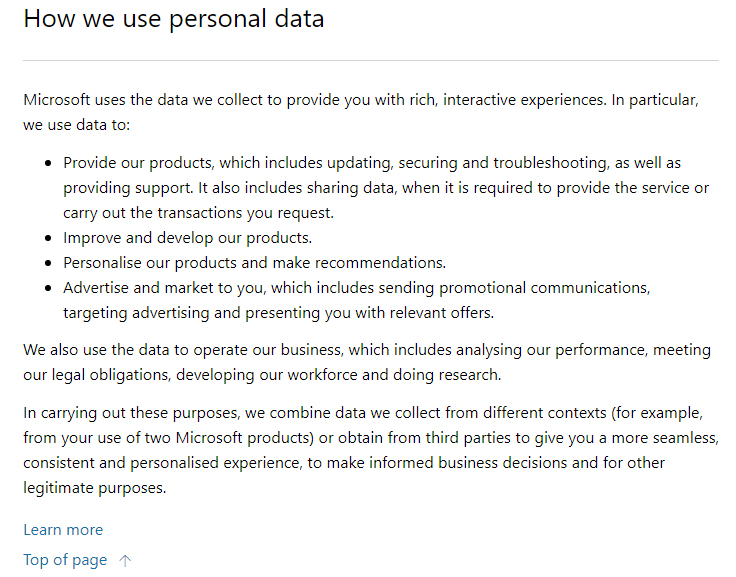 Microsoft Privacy Statement: How we use personal data clause