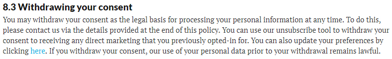 New Scientist Privacy Policy: Withdrawing your consent clause