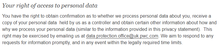 PwC Privacy Statement: Your right of access to personal data clause