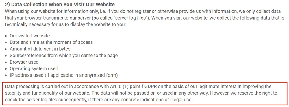 SmartSVN Privacy Policy: Data Collection clause with GDPR data processing legitimate interest highlighted