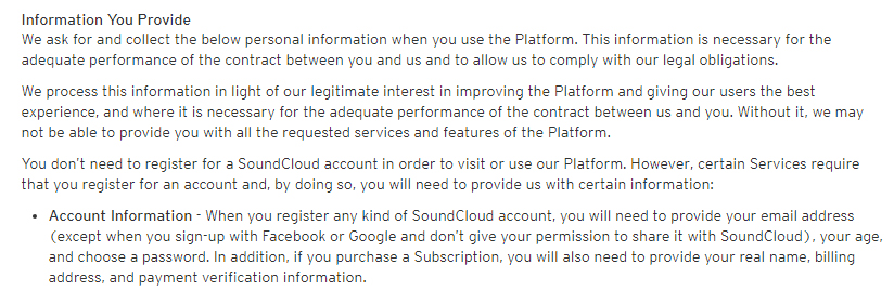 SoundCloud Privacy Policy: Excerpt of Information You Provide clause