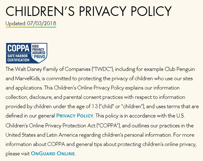 Walt Disney Children’s Privacy Policy intro clause