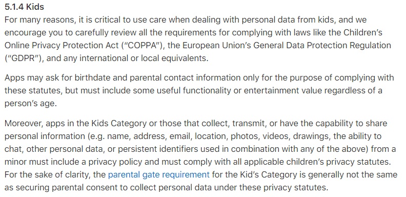 Apple App Store Review Guidelines: Kids clause for COPPA