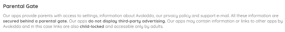 Avokiddo Privacy Policy: Parental Gate clause for COPPA