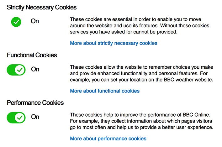 BBC&#039;s page for changing cookies settings with toggle choices