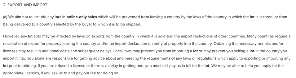 Christie&#039;s Terms and Conditions: Export and Import clause