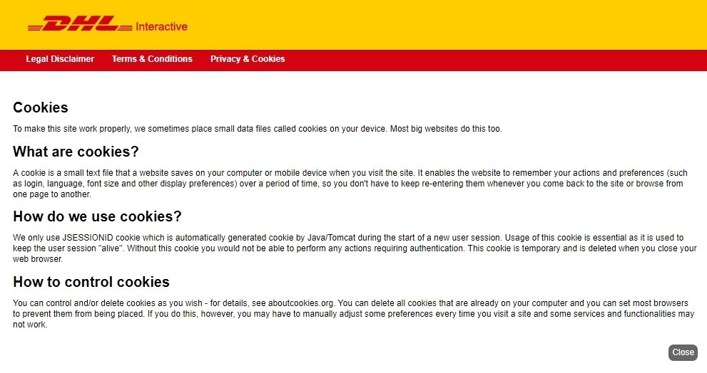 Screenshot of DHL Interactive&#039;s complete and simple cookie policy