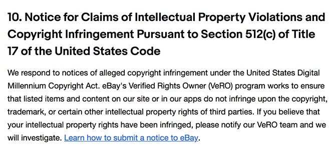 eBay User Agreement: Claims of Copyright Infringement clause