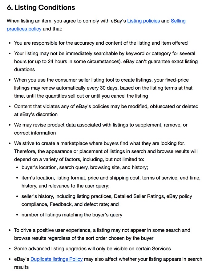 eBay User Agreement: Listing Conditions clause