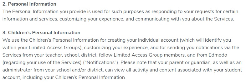 Edmondo Privacy Policy: Children's Personal Information clause for COPPA