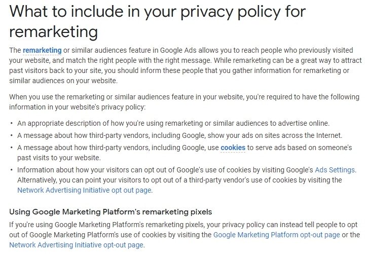Google Ads Help: What to include in your privacy policy for remarketing
