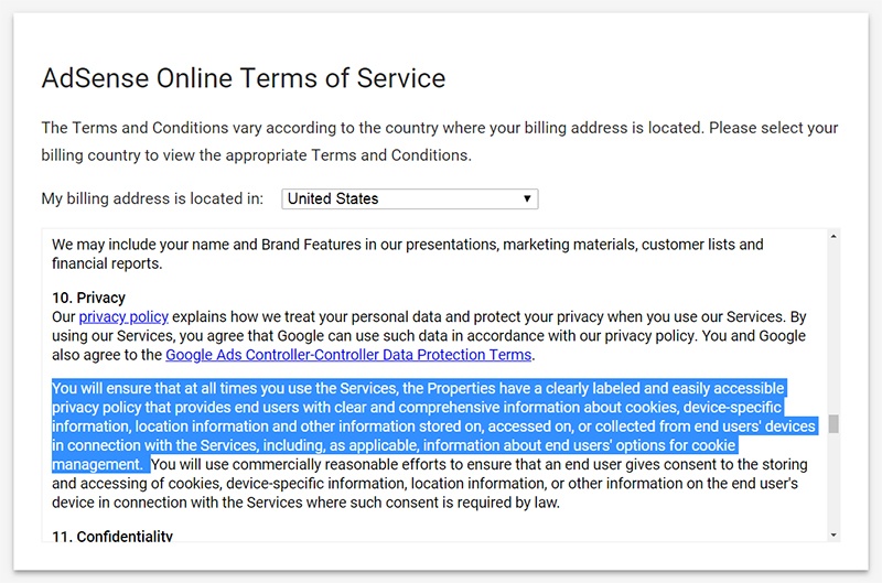 Google AdSense Online Terms of Service US version with Privacy clause highlighted