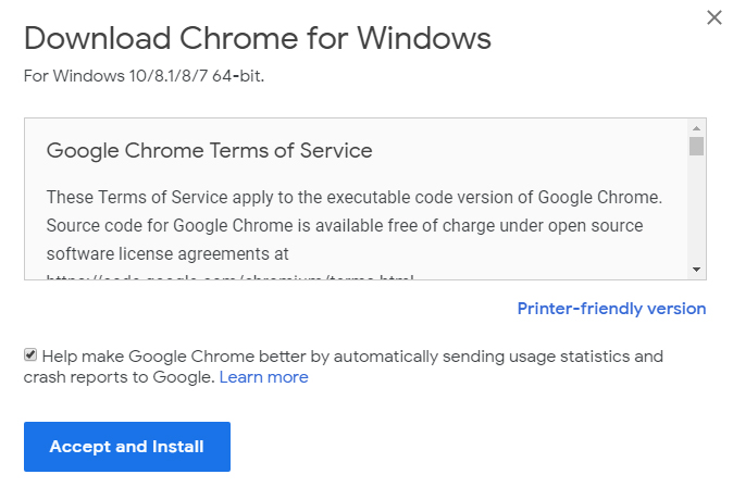 Google Chrome download Accept and Install page with checkbox to send usage statistics
