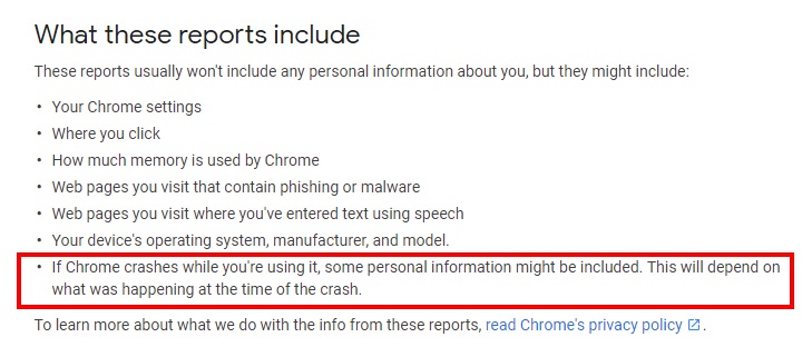 Google Chrome Help: What reports for automatically reporting errors and crashes includes - Personal data highlighted