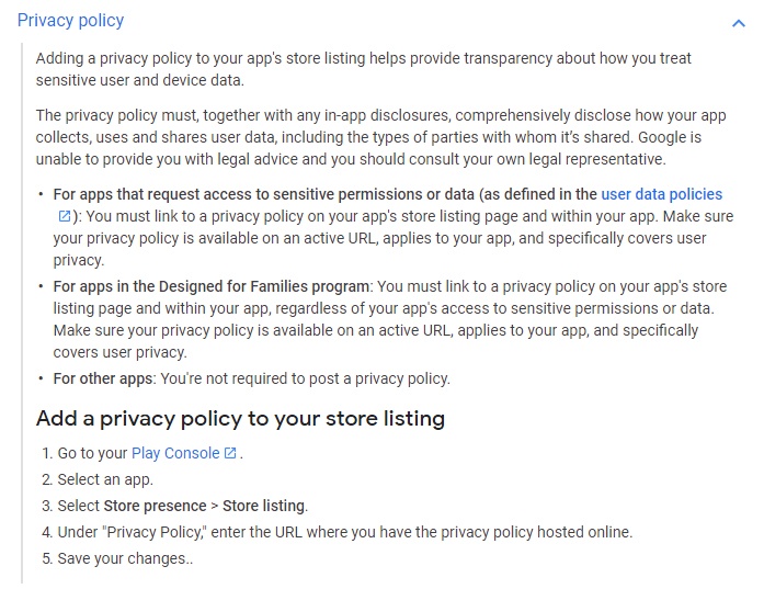 Google Play Console Help: Privacy Policy section