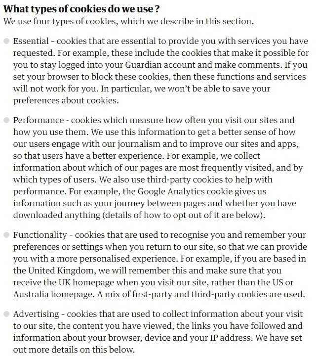 The Guardian Cookies Policy: What types of cookies do we use clause