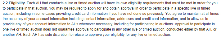 Invaluable&#039;s auction Terms of Use: Eligibility clause