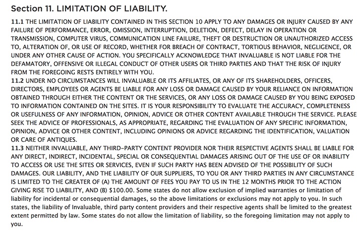 Invaluable&#039;s Terms of Use: Limitation of Liability clause