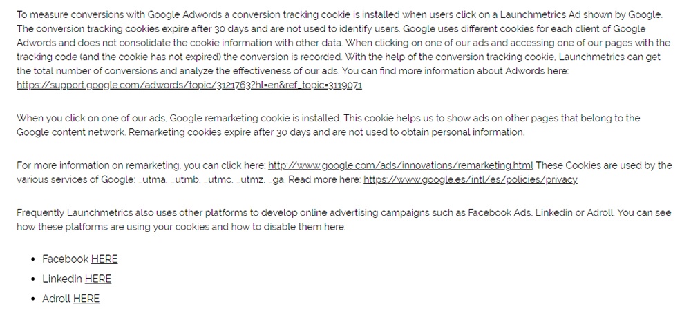 Launchmetrics Cookie Policy: Google Adwords remarketing and cookies clause