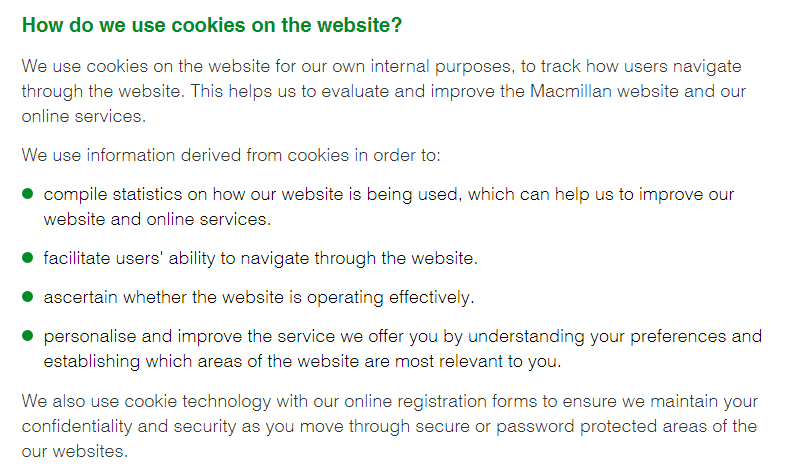 Macmillan&#039;s How we use cookies: How do we use cookies on the website clause