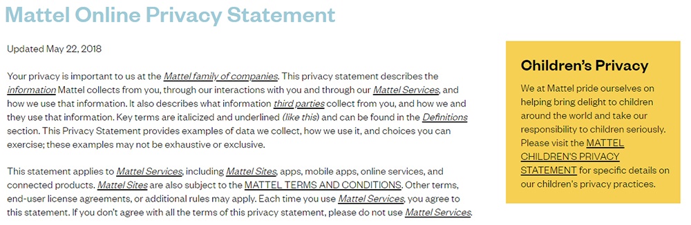 Matel Privacy Policy with notice of Children's Privacy Statement