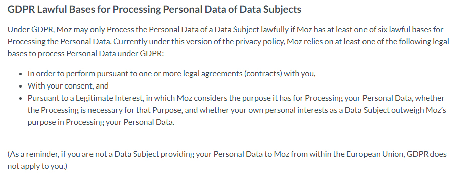 Moz Privacy Policy: GDPR Lawful Bases for Processing Personal Data of Data Subjects clause