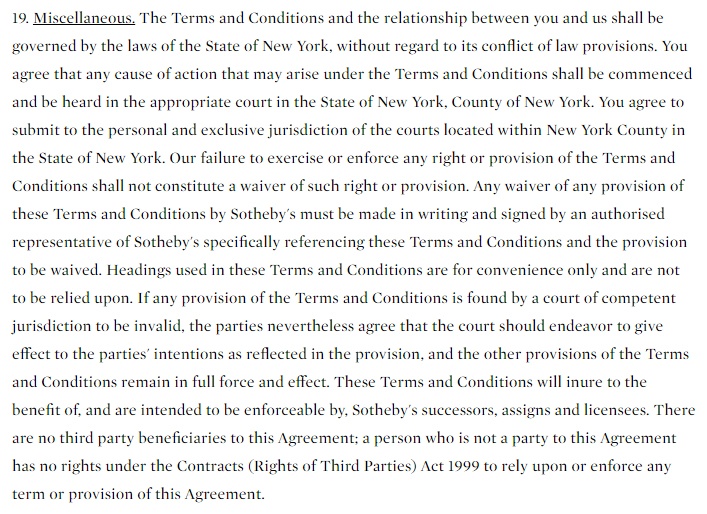 Sotheby&#039;s Terms and Conditions: Miscellaneous clause