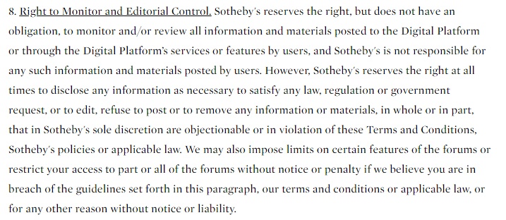Sotheby&#039;s Terms and Conditions: Right to Monitor and Editorial Control clause