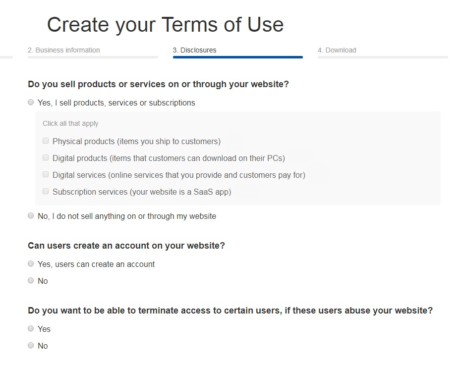 TermsFeed Terms of Use Generator: Answer questions about business practices - Step 3