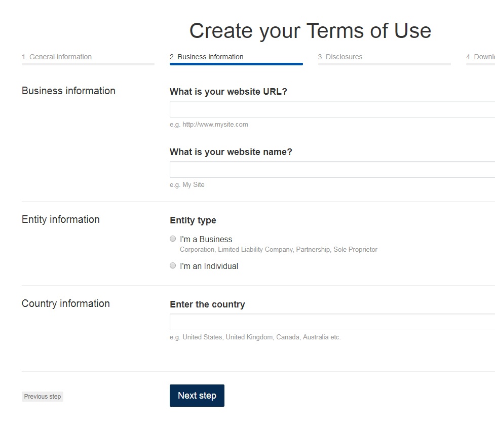 TermsFeed Terms of Use Generator: Answer questions about website - Step 2