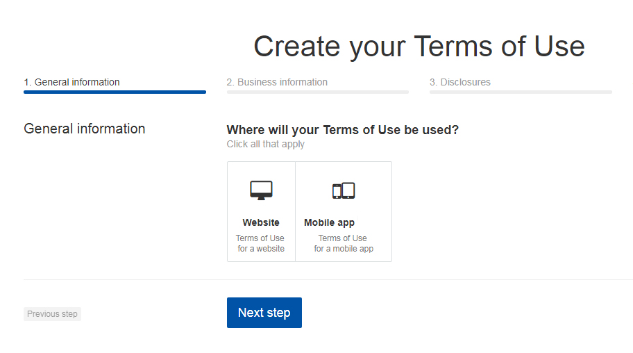 TermsFeed Terms of Use Generator: Create Terms of Use for Website or Mobile App - Step 1