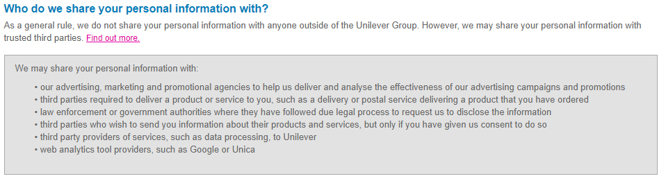 Unilever Privacy Policy: Who do we share your personal information with clause