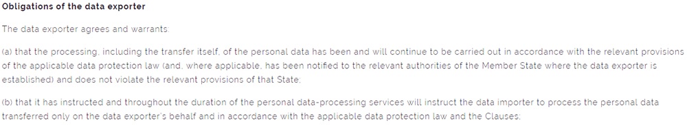 B2B Marketing Labs Data Processing Agreement: Obligations of the data exporter clause