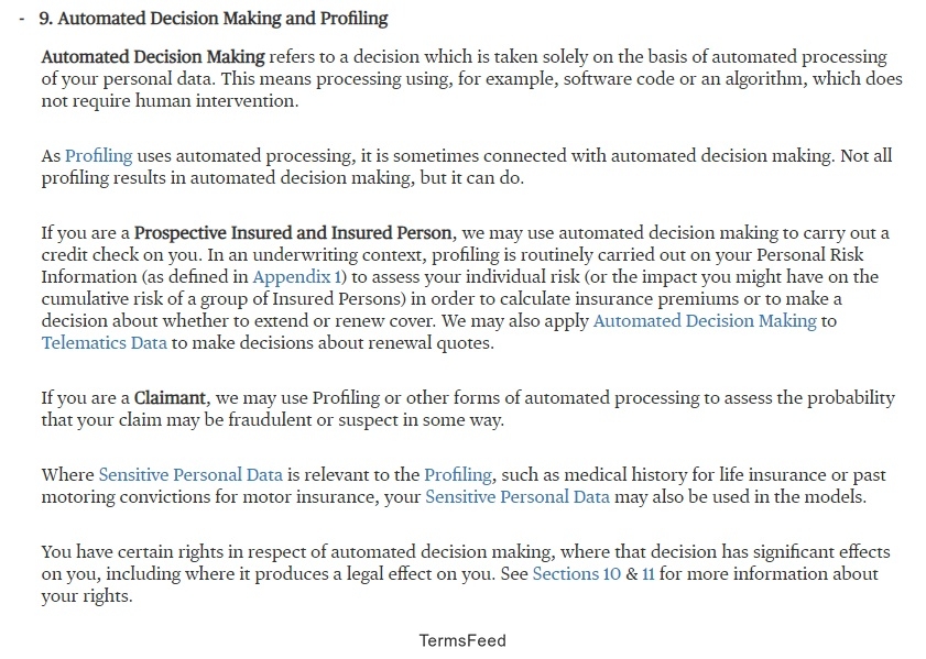 Chubb Privacy Policy: Automated Decision Making and Profiling clause