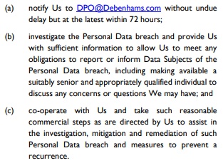 Debenhams Data Processing Agreement: Breach requirements clause