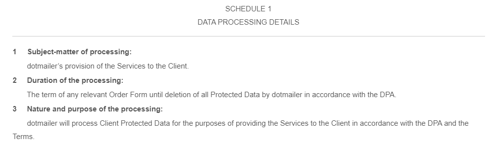 Dotmailer Data Processing Addendum: Excerpt of Schedule 1 Data Processing Detai