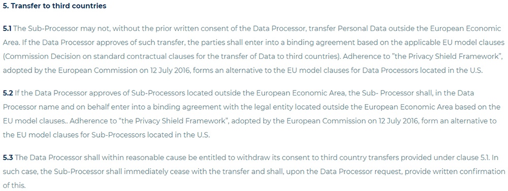 Edgecumbe Data Processing Agreement: Transfer to third countries clause