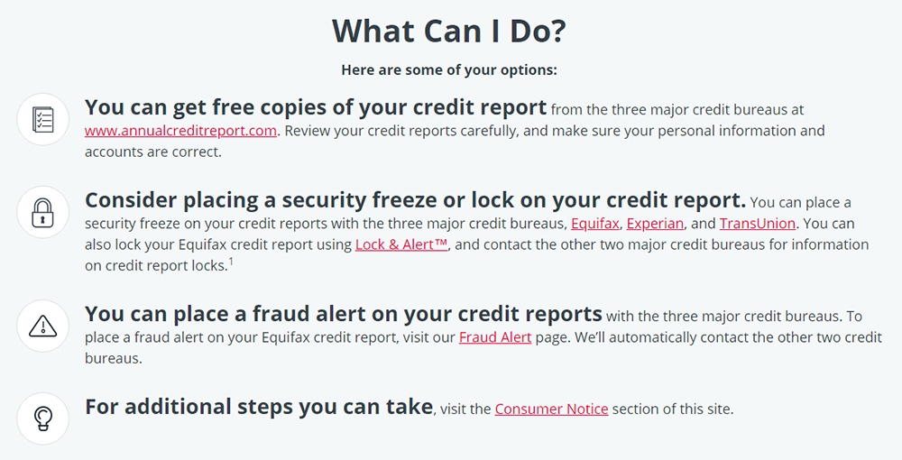 Equifax 2017 Cyber Security Incident consumer options list