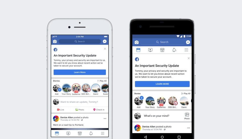 Facebook Newsroom: Important security update mobile notification screenshot