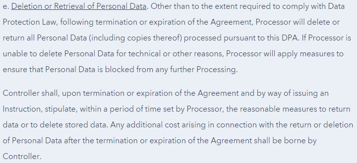 HubSpot Data Processing Agreement: Deletion or Retrieval of Personal Data clause