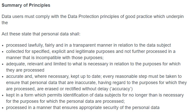 LGA Data Protection Policy: Summary of Principles clause excerpt