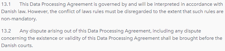 Planday Data Processing Agreement: Governing law clause