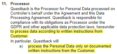 Questback Data Processing Agreement: Processor clause addressing written instructions