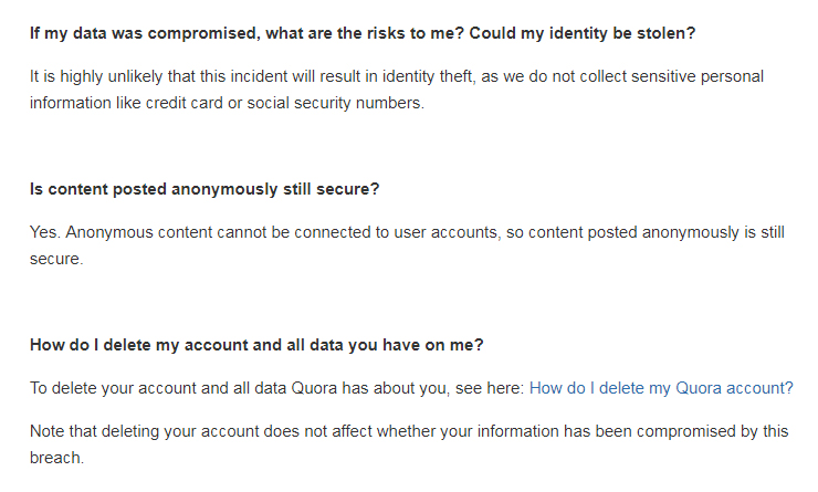 Quora Data Breach Notification Letter important information section